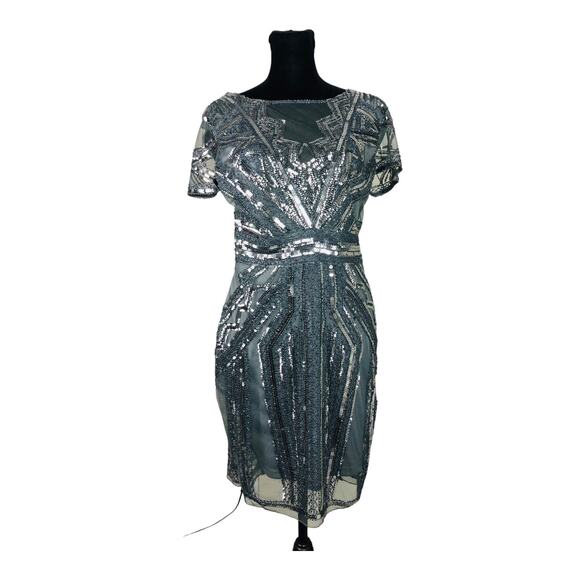 Womens Silver Sequin Beaded Dress Small Sheath Open Back Mini Zip Cocktail - Picture 1 of 9